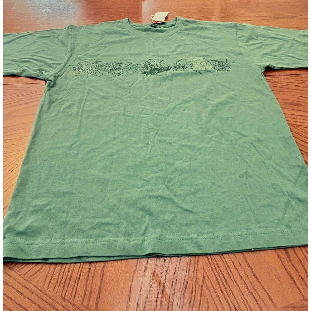 Men's Short Sleeve T Shirt Dark Green Size Large Hawaiian Flower Strip Size L